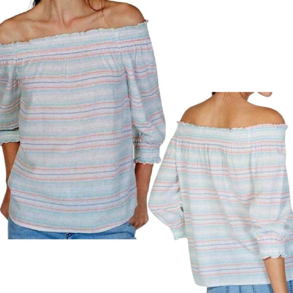 INC Smocked Off The Shoulder Top Pink Multi Stripe Boho 2X NEW